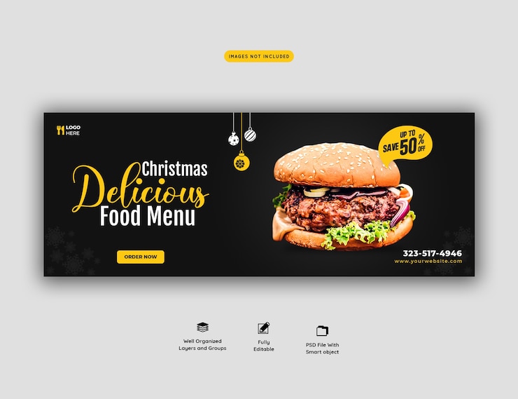PSD gratuit joyeux noël délicieux hamburger et modèle de couverture de menu de nourriture