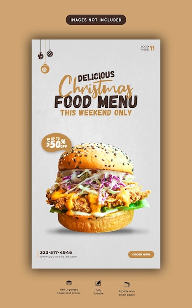 PSD gratuit joyeux noël délicieux menu de burger et de nourriture modèle d'histoire instagram et facebook