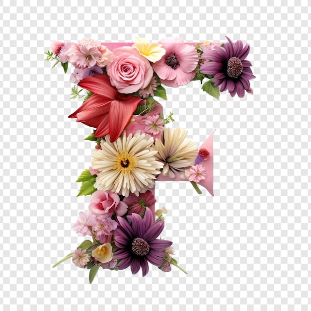 PSD gratuit lettre f avec des éléments de fleur fleur faite de fleur 3d isolée sur un fond transparent
