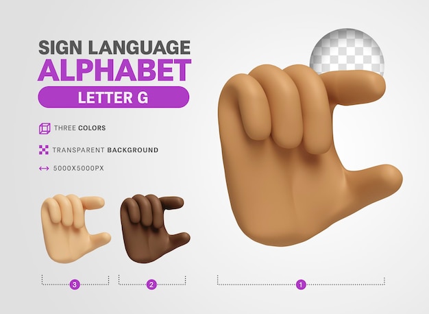 PSD gratuit lettre g en alphabet de signe de langue américaine dessin animé de rendu 3d