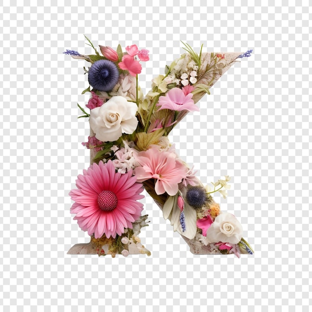 PSD gratuit lettre k avec des éléments de fleur fleur faite de fleur 3d isolée sur un fond transparent