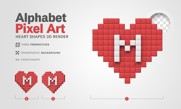 PSD gratuit lettre m alphabet pixel art rendu 3d fond transparent