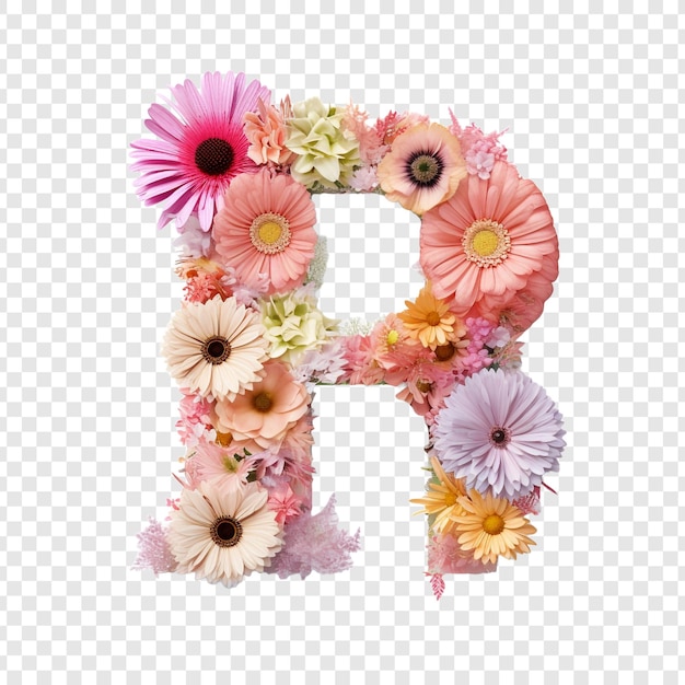 PSD gratuit lettre r avec des éléments de fleur fleur faite de fleur 3d isolée sur fond transparent