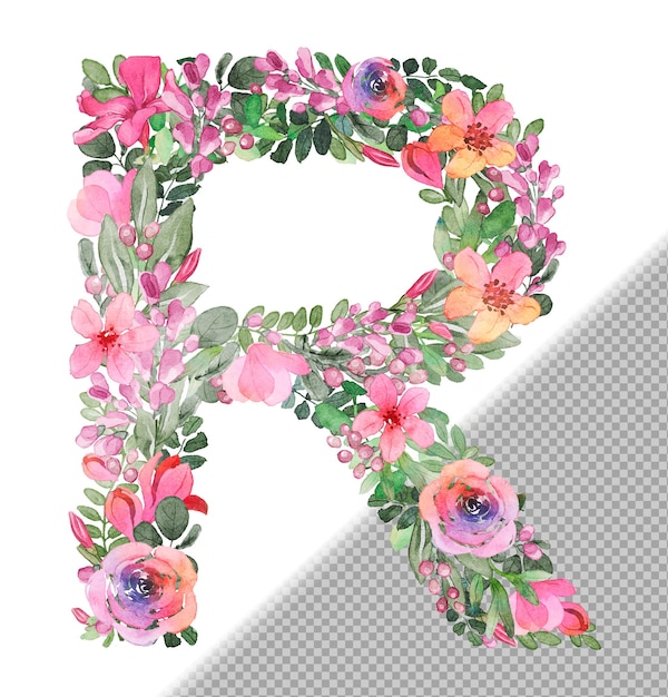 Lettre R en majuscule faite de fleurs et de feuilles douces dessinées à la main