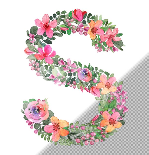 Lettre S en majuscule faite de fleurs et de feuilles douces dessinées à la main