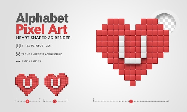 PSD gratuit lettre u alphabet pixel art rendu 3d fond transparent