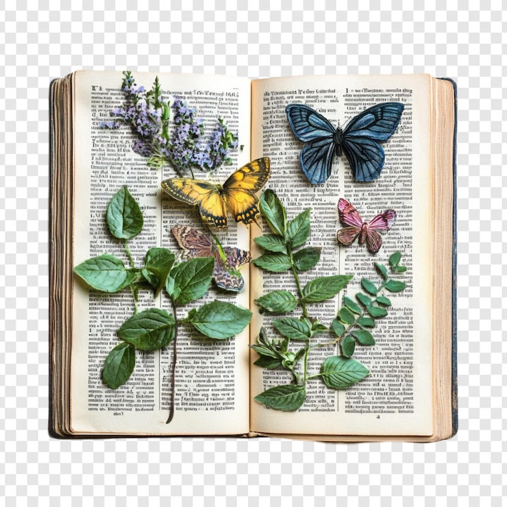PSD gratuit un livre vintage avec des papillons et des herbes un délice botanique