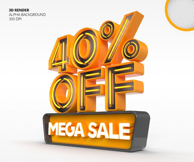 PSD gratuit logo de méga vente 3d avec 40% de réduction ou offre dans le modèle de conception de rendu 3d