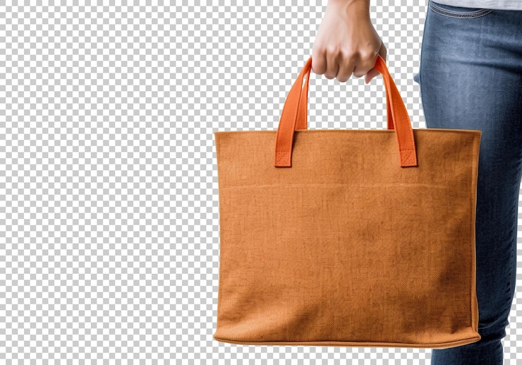 PSD gratuit main d'homme tenant un sac fourre-tout orange isolé sur fond
