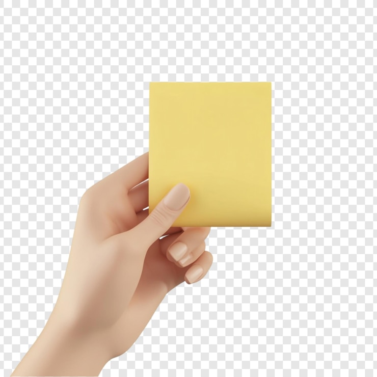 PSD gratuit la main tenant un billet collant jaune une toile blanche pour les idées et les rappels