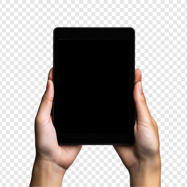 Des mains tenant une maquette de technologie de tablette noire