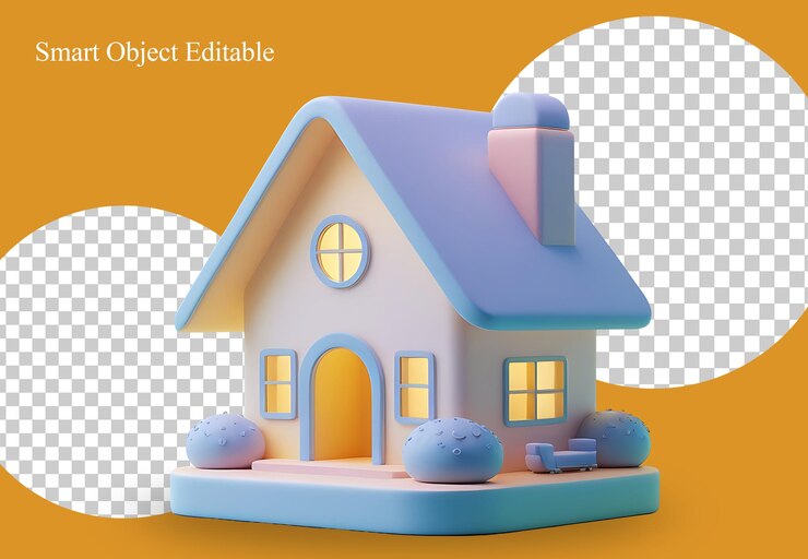 Une maison pastel 3D avec des fenêtres lumineuses