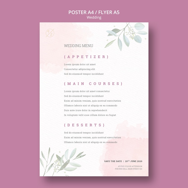 Maquette d'affiche de menu de mariage magnifique