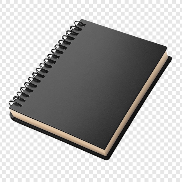 Une maquette de bloc-notes en spirale noire isolée sur un fond transparent parfaite pour les projets de conception ou les présentations montrant une couverture blanche prête pour votre texte ou votre image
