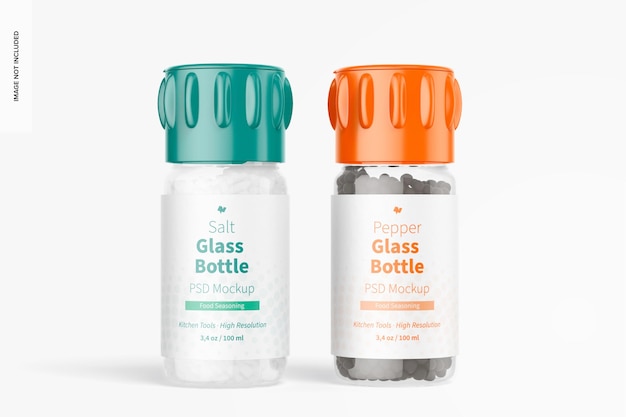 Maquette de bouteilles en verre de sel et de poivre, vue de face