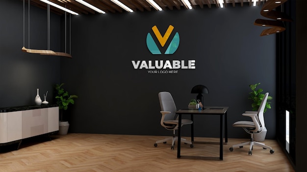 Maquette du logo de l'entreprise dans le design d'intérieur de la salle du directeur de bureau minimaliste