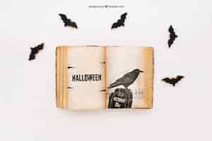 PSD gratuit maquette d'halloween avec des livres et des chauves-souris