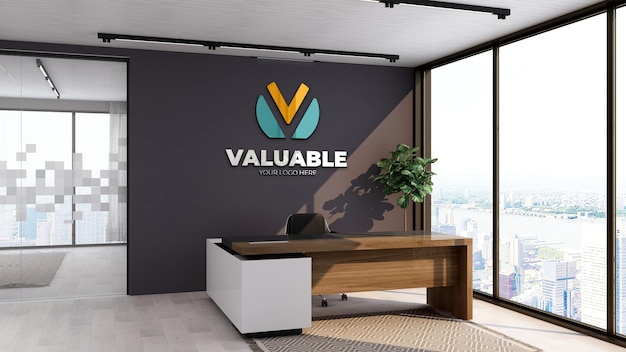 Maquette de logo d'entreprise 3d réaliste dans l'espace du directeur de bureau avec un intérieur design de luxe