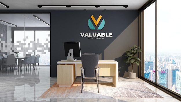 Maquette de logo d'entreprise 3d réaliste dans l'espace du gestionnaire de bureau avec un intérieur design de luxe
