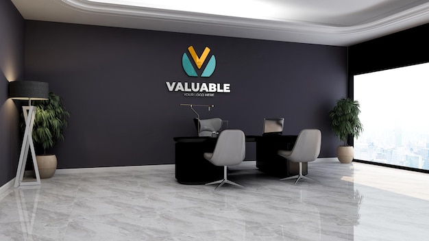 Maquette de logo d'entreprise réaliste dans l'espace du gestionnaire de bureau avec un intérieur design de luxe