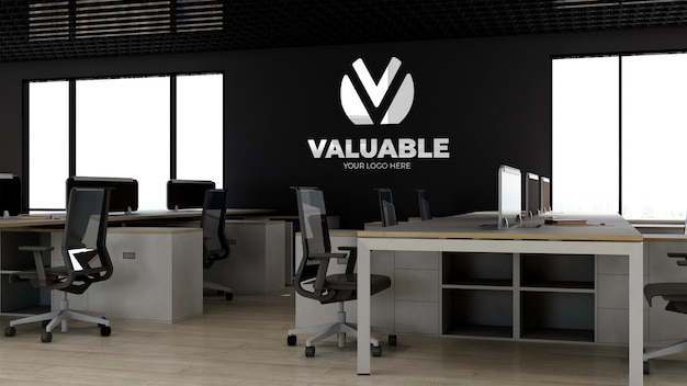 Maquette de logo d'entreprise ou de studio dans le mur de l'espace de travail de bureau moderne