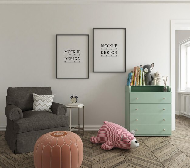 Maquette De Mur Dans La Chambre De Bebe Moderne Avec Chaise Bercante Et Pouf Psd Premium Maquette De Mur Dans La Chambre De Bebe Moderne Avec Chaise Bercante Et Pouf Psd Premium