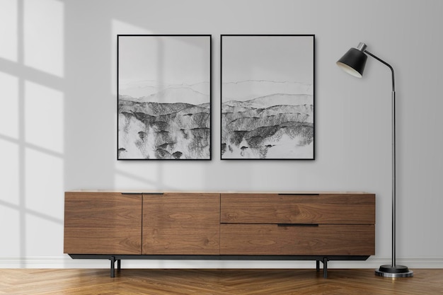 Maquette murale de cadre photo psd avec meuble tv dans un salon déco scandinave