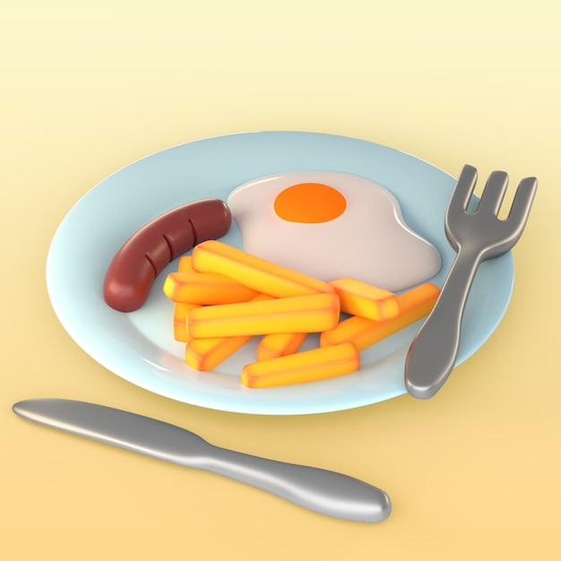Maquette de petit-déjeuner avec œuf au plat, saucisses et frites