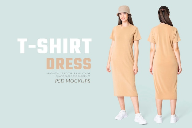 PSD gratuit maquette de robe t-shirt modifiable psd beige avec chapeau seau annonce de vêtements décontractés pour femmes