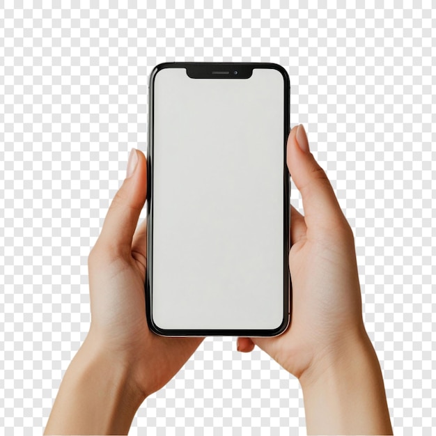 Une maquette de smartphone avec des mains tenant un téléphone portable à écran blanc