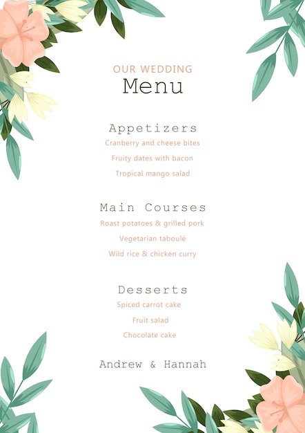 PSD gratuit menu de mariage avec cadre de fleurs roses