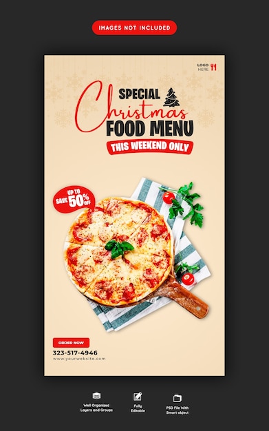 Menu De Nourriture Joyeux Noël Et Modèle D'histoire De Médias Sociaux De Pizza Délicieuse