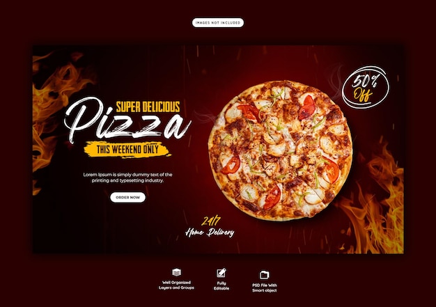 Menu de nourriture et modèle de bannière web de délicieuses pizzas