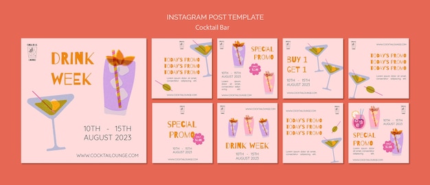 PSD gratuit messages instagram de bar à cocktails design plat