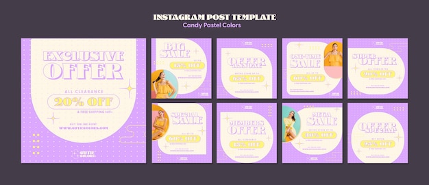 PSD gratuit messages instagram de couleurs pastel de bonbons au design plat