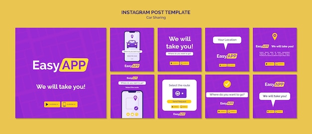 PSD gratuit messages instagram de covoiturage au design plat