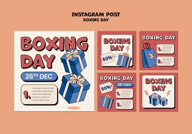 PSD gratuit messages instagram du jour de la boxe dessinés à la main