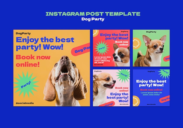 PSD gratuit messages instagram de fête de chien au design plat