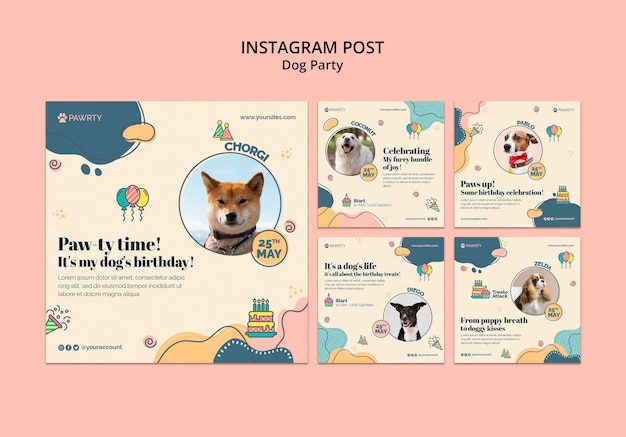 PSD gratuit messages instagram de fête de chien au design plat