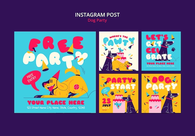 PSD gratuit messages instagram de fête de chien au design plat