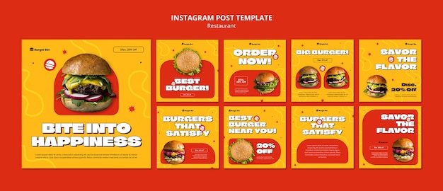 PSD gratuit messages instagram de restaurant de nourriture délicieuse au design plat