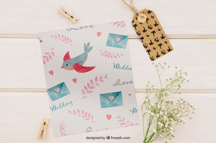 PSD gratuit mock up with label, template, clothespins and flowers