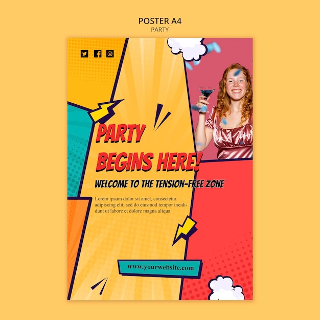 Modèle d'affiche a4 de fête de style bande dessinée
