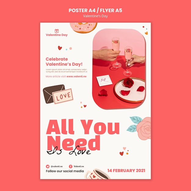 PSD gratuit modèle d'affiche a4 pour la saint-valentin