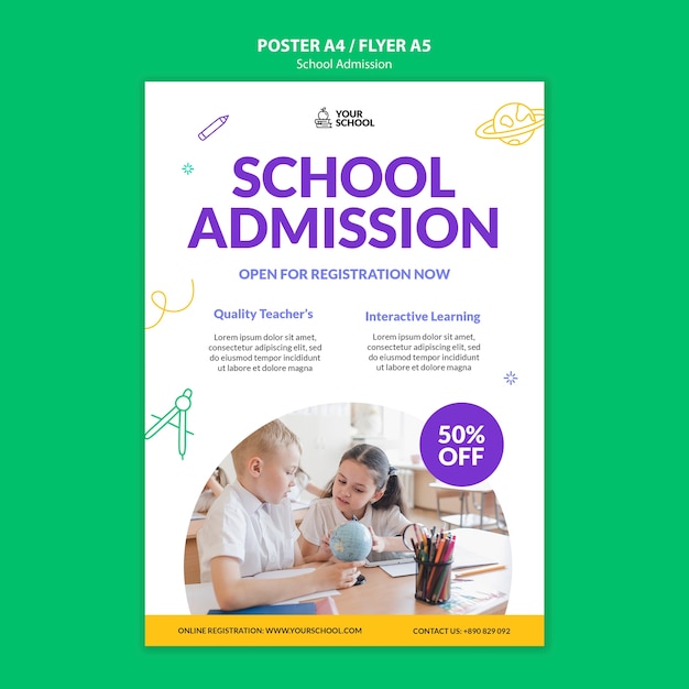 PSD gratuit modèle d'affiche d'admission à l'école dessiné à la main