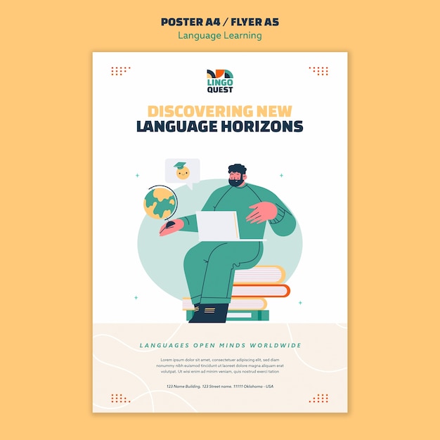 PSD gratuit modèle d'affiche d'apprentissage des langues dessiné à la main