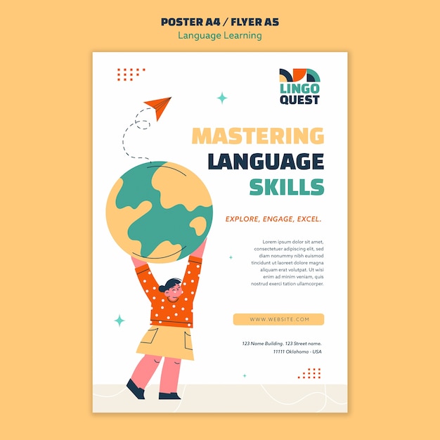PSD gratuit modèle d'affiche d'apprentissage des langues dessiné à la main