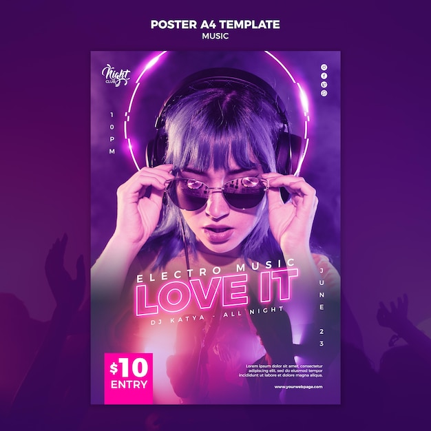 Modèle d'affiche au néon pour la musique électronique avec dj féminin