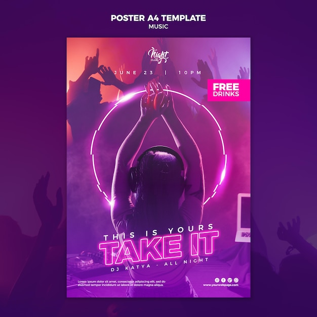 Modèle d'affiche au néon pour la musique électronique avec dj féminin