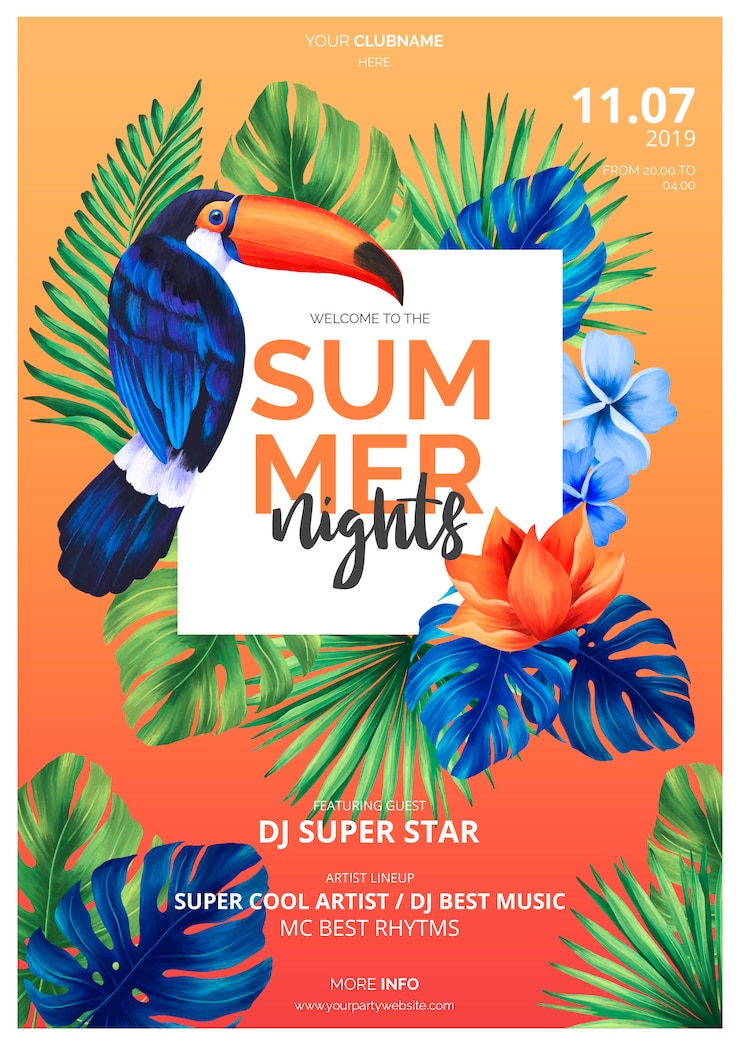 PSD gratuit modèle d'affiche coloré de nuits d'été avec toucan